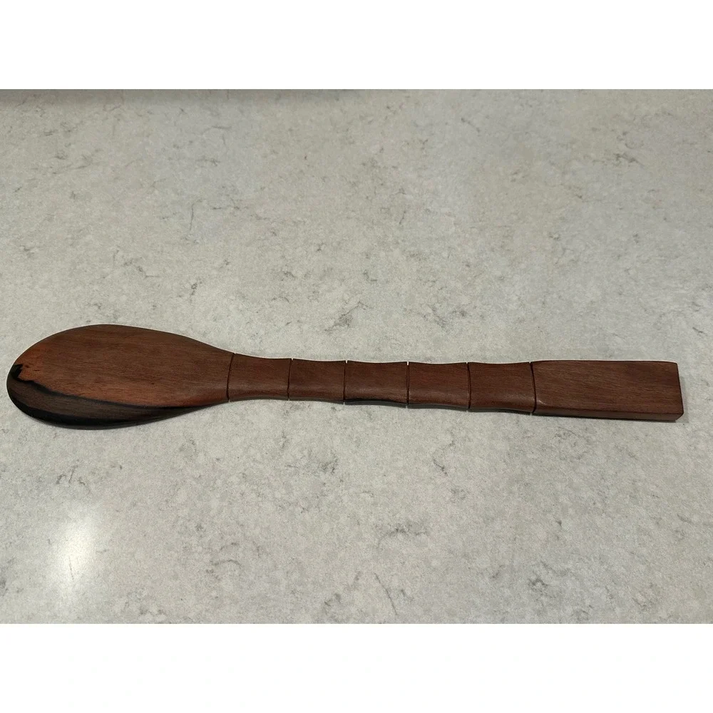 Handcrafted Two Tone Wood Serving Spoon Mother of Pearl Fish Inlay Bamboo Handle